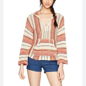 Billabong Baja Beach Cropped Hooded Sweater Pullover Jumper Orange Striped Small